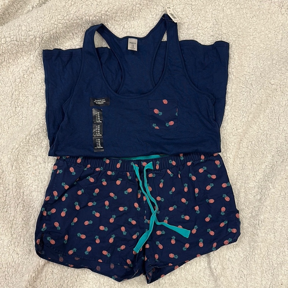 Navy Blue Tank and Shorts Set with Pineapple Print